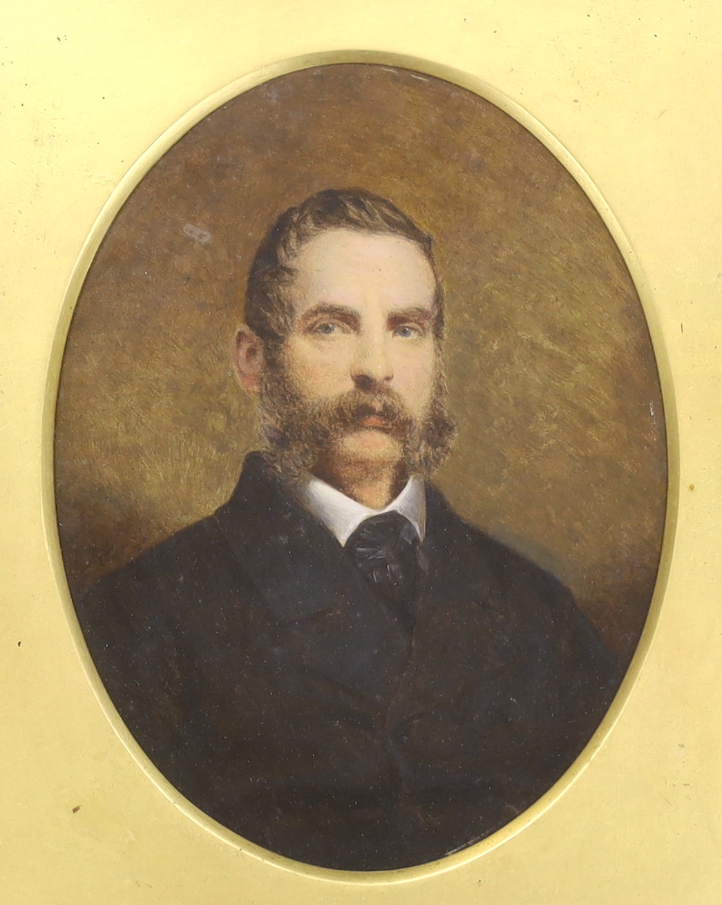 Victorian School, oval oil, Portrait of Sir Martin Crawley, unsigned, partial label and details verso, 19.5 x 14.5cm, gilt framed